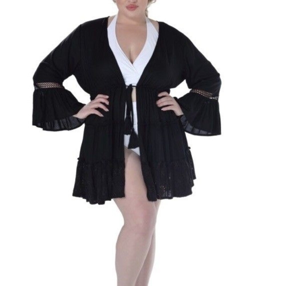 Raviya Plus Size Black Lace-Inset Eyelet-Flounce Cover-up Size 0X NWT $58
